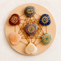 Chakra Crystals Set, Heart Shaped Reiki 7 Chakra Stones Set, Wooden Grid Plate, Selenite Log