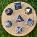 Juego geométrico sagrado de sólidos platónicos de lapislázuli de 7 piezas, juego de geometría de cristal